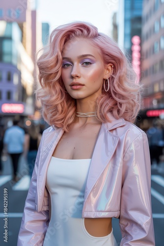 Stylish woman with pink hair in urban setting.