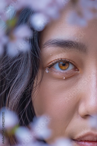 Close-up of a woman with floral background.