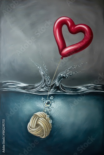 Heart balloon lifts heavy knot underwater.