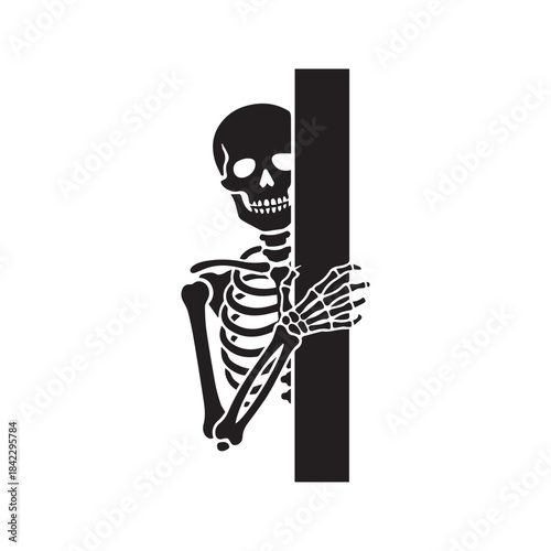 Peeking skeleton vector illustration. Funny cartoon skeleton character hiding behind a wall and waving, isolated on white background for Halloween decoration, sticker, or decal.
