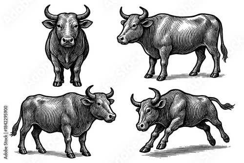 Vintage engraved bulls illustration in sketch style with four poses