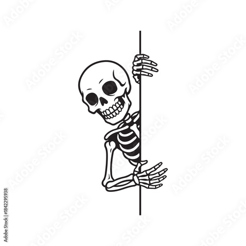 Peeking skeleton vector illustration. Funny cartoon skeleton character hiding behind a wall and waving, isolated on white background for Halloween decoration, sticker, or decal.

