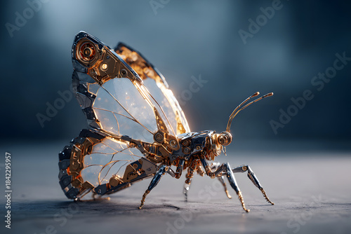 Intricate robotic butterfly perched on a metallic surface in a futuristic setting