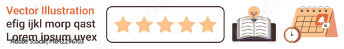 Education, time management, productivity tools, rating systems, customer feedback, knowledge sharing. Star rating, book icon calendar with alarm. Education and time management concept