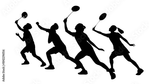 Four silhouettes of female badminton players in action posing for a smash or serve