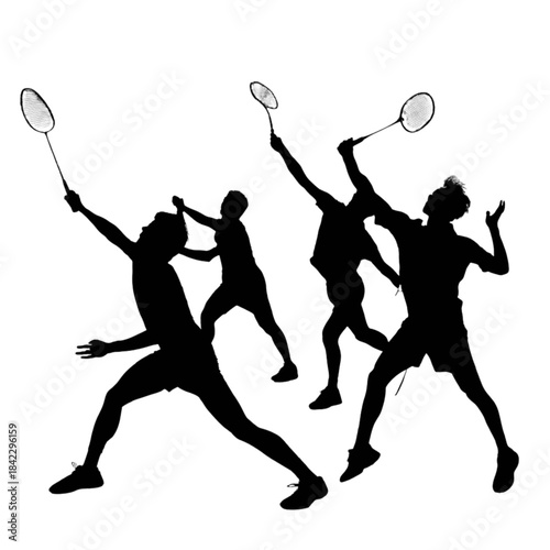 Silhouette of four badminton players in action, hitting shuttlecocks with rackets, dynamic poses captured in black against a pure