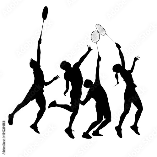 Silhouette of four badminton players in action poses with rackets