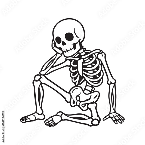 Lazy skeleton cartoon vector. Funny bored skull resting on its arm bone, a simple black and white line art illustration for Halloween, stickers, or decals.
