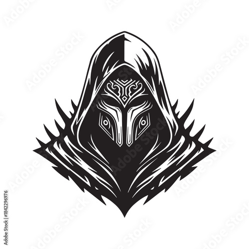 Fantasy warrior in a hood and ornate mask. Black and white vector illustration of a mysterious assassin character. Stylized tribal art for a logo, mascot, or tattoo.
