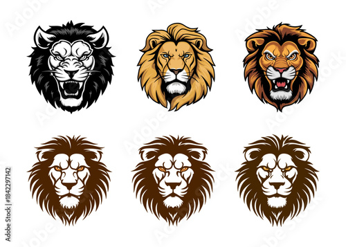 Majestic roaring lion head vector illustration collection showcasing fierce expressions and bold graphic style design. 