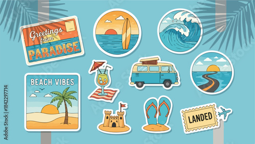 Vector Illustration/sticker of Vacation and Beach Lifestyle Icons Including Surfing, Beach Scene, Sandals, Sun Hat, Ice Cream, Beach Ball, and Tiki Bar.