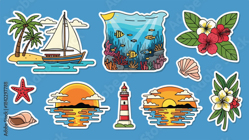 Vector Illustration/sticker of Collection of Marine and Nautical Icons Featuring Boats, Coral Reef, Lighthouse and Sunset Scenes.