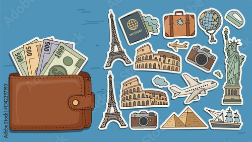 Vector Illustration/sticker of Collection of Travel and Landmark Icons Featuring Famous Monuments and Items.