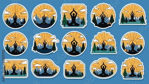 Vector Illustration/sticker of Set of twelve silhouette illustrations depicting sacred structures and spiritual symbols in a circular format.