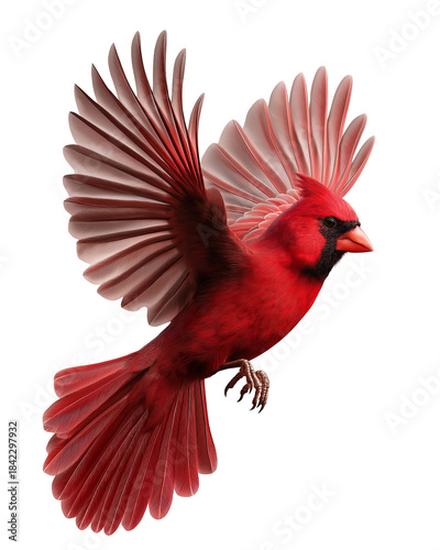 Vibrant red cardinal bird in flight with wings spread, isolated on white, png