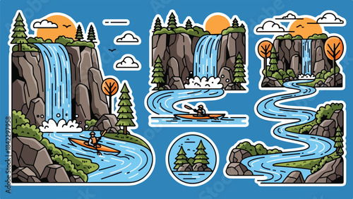 Vector Illustration/sticker of Scenic Landscape Featuring Cascading Waterfalls and River with Boating Activities.