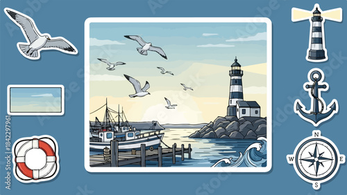 Vector Illustration/sticker of Serene Coastal Scene with Lighthouse, Seagulls, and Harbor Boats on a Clear Day.