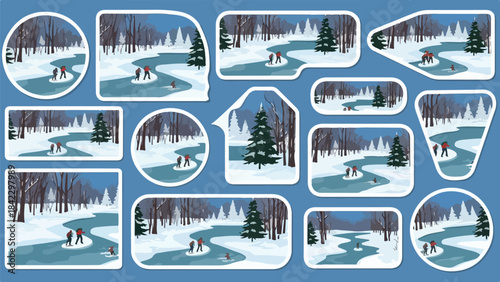 Vector Illustration/sticker of Collection of snowy winter landscape scenes featuring trees and lakes in various scenic outdoor settings.