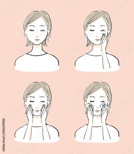 スキンケア、洗顔をする女性イラストセット　ピンク