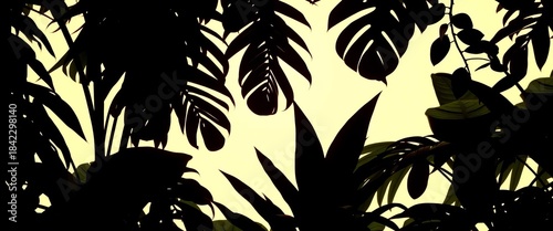 Dark silhouettes of diverse tropical leaves against a bright background,  banana,  image