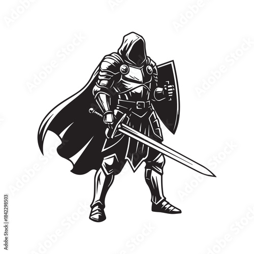 Epic fantasy warrior in a hood and armor, holding a sword. Mysterious medieval knight or assassin character silhouette, black and white vector illustration.
