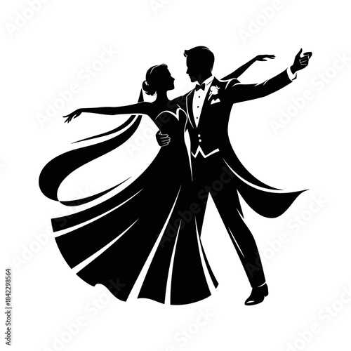 A couple is gracefully dancing, captured in a sleek black silhouette.