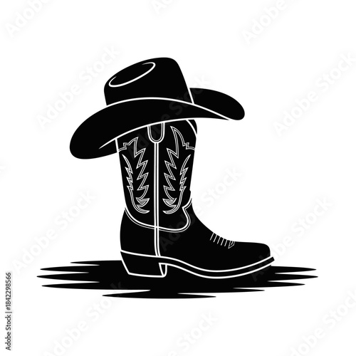 A cowboy hat rests atop a single boot, both outlined in a minimalist style