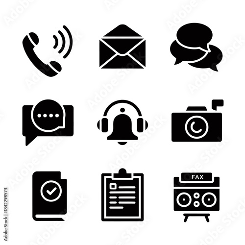 A collection of nine black icons representing various modes of communication.