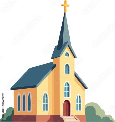 Flat vector illustration of yellow country church with tall steeple and cross, side front view