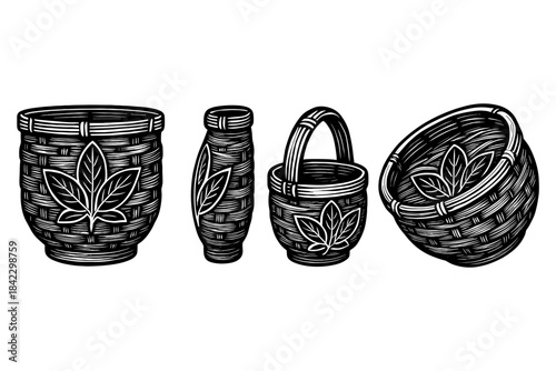 Handcrafted wicker baskets with leaf motif in black and white design