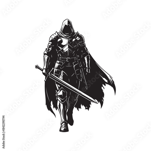 Epic fantasy warrior in a hood and armor, holding a sword. Mysterious medieval knight or assassin character silhouette, black and white vector illustration.
