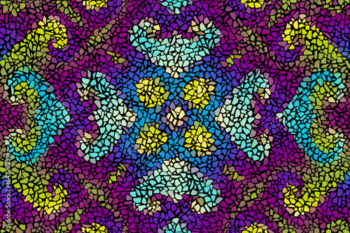 Trencadis wall texture. Bright abstract mosaic seamless pattern. Vector background. Endless texture. Ceramic tile fragments.