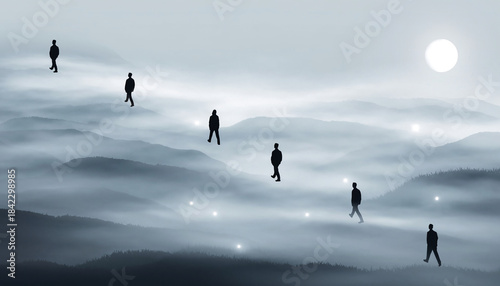 silhouetted figures walking across misty mountain ranges under bright celestial body.