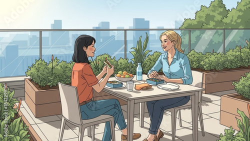Two women enjoying lunch on a rooftop garden terrace with city skyline view casual outdoor dining healthy lifestyle concept