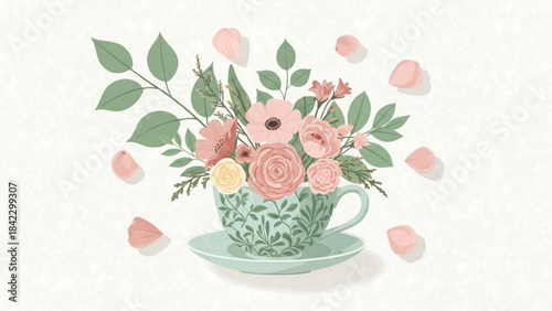 Delicate floral arrangement in a vintage teacup soft pastel colors and falling petals perfect for spring or wedding invitations