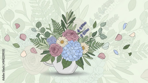 Hand-drawn floral bouquet in a teacup delicate botanical illustration with soft pastel colors perfect for greeting cards and weddi