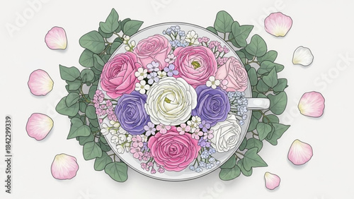 Overhead view of a delicate floral arrangement in a teacup surrounded by greenery and petals perfect for spring themes and greetin