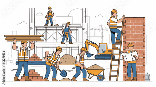 Diverse Construction Workers in Action: Lifting, Digging, and Using Tools