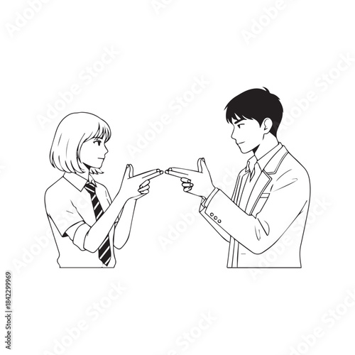 Line drawing of a young couple flirting playfully where a boy makes a finger gun gesture and a shy girl covers her face, symbolizing innocent teen romance.
