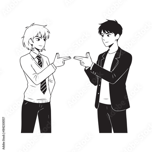 Line drawing of a young couple flirting playfully where a boy makes a finger gun gesture and a shy girl covers her face, symbolizing innocent teen romance.
