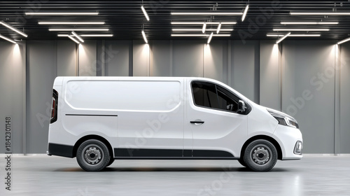 Design mockup of a delivery van in a spacious studio with modern lighting setup