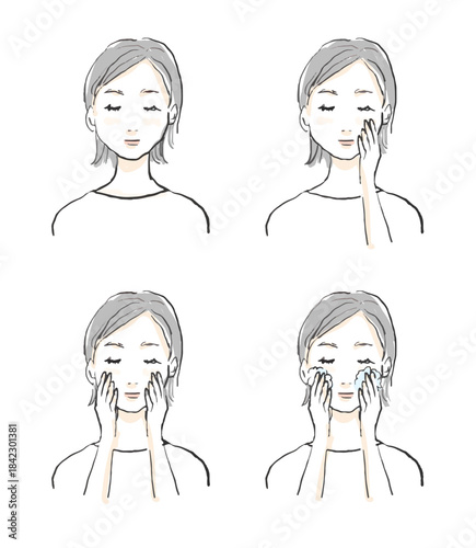 スキンケア、洗顔をする女性イラストセット
