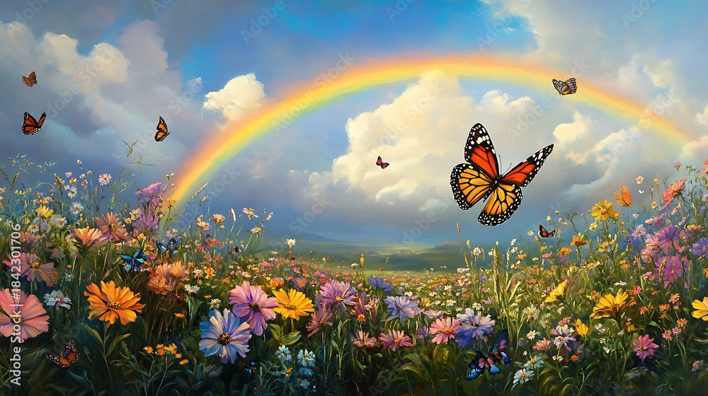 Obraz premium A vibrant scene of a colorful field with butterflies under a beautiful rainbow