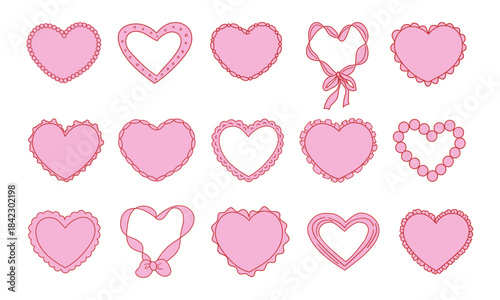 Whimsical Hand Drawn Heart, Valentine s Day Stickers Vector Illustration. Pink romantic cozy hearts set illustration isolate on white background .