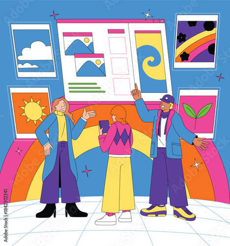 Illustration of Creative Team Reviewing Moodboards and Visual Elements for Project Planning