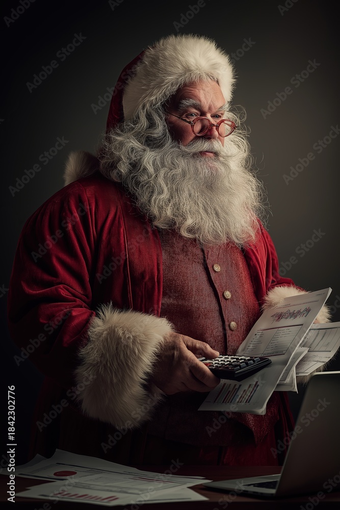 Obraz premium Santa checks budget while preparing for Christmas season