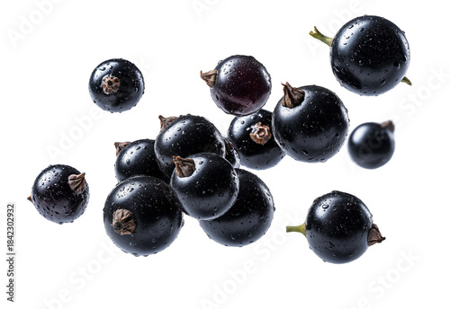 Fresh blackcurrant berries with water drops, isolated on white background, png