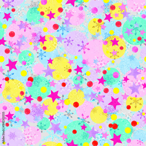 Stars, confetti and snowflakes seamless colorful winter party pattern
