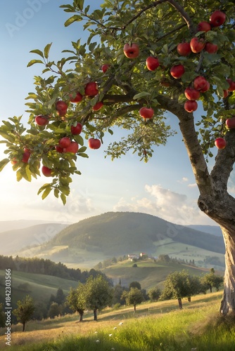 Sun-kissed apple tree with glistening red apples against a gentle rolling landscape at sunset