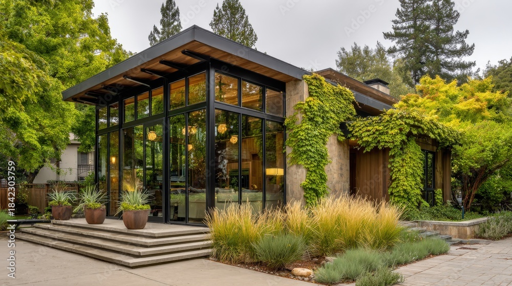 Fototapeta premium Modern Home Exterior Surrounded by Lush Greenery and Landscaping on a Bright Day